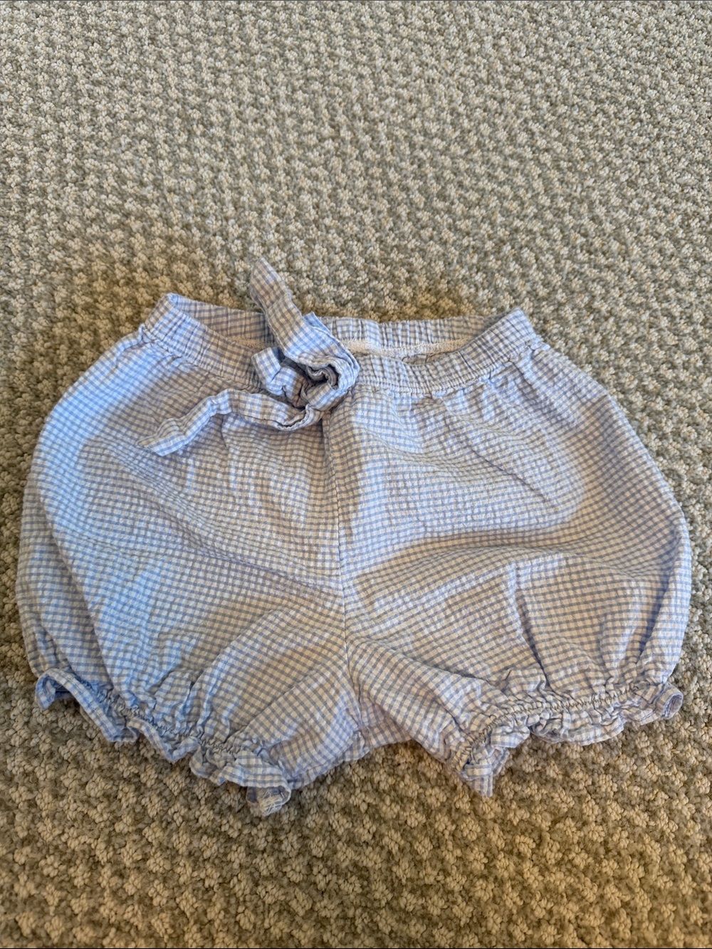 Girls' Light Blue Gingham Tie-Waist Bubble Shorts